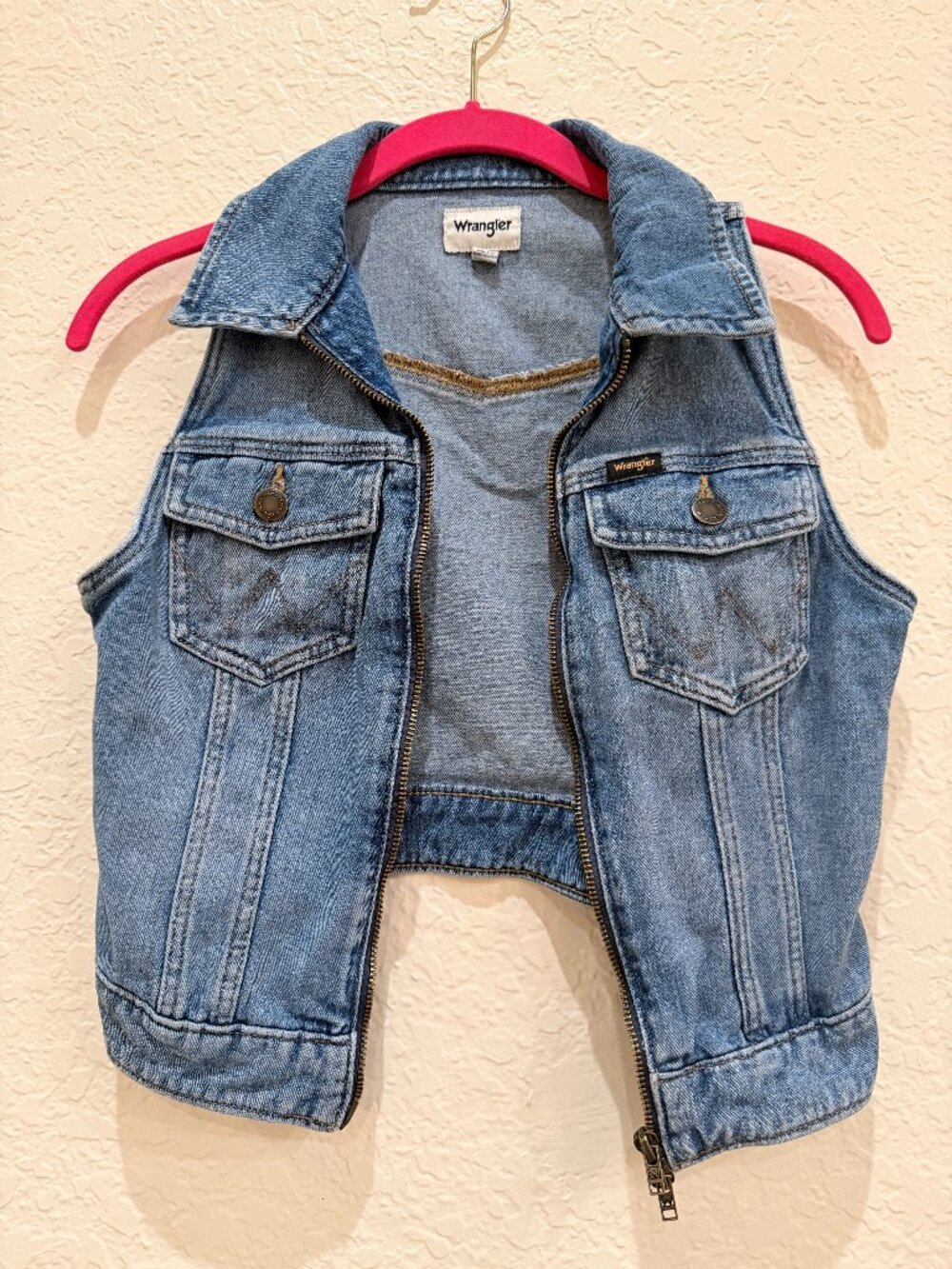 Wrangler Denim Zip Vest XS Light Blue Cropped Jean Sleeveless Jacket Western
